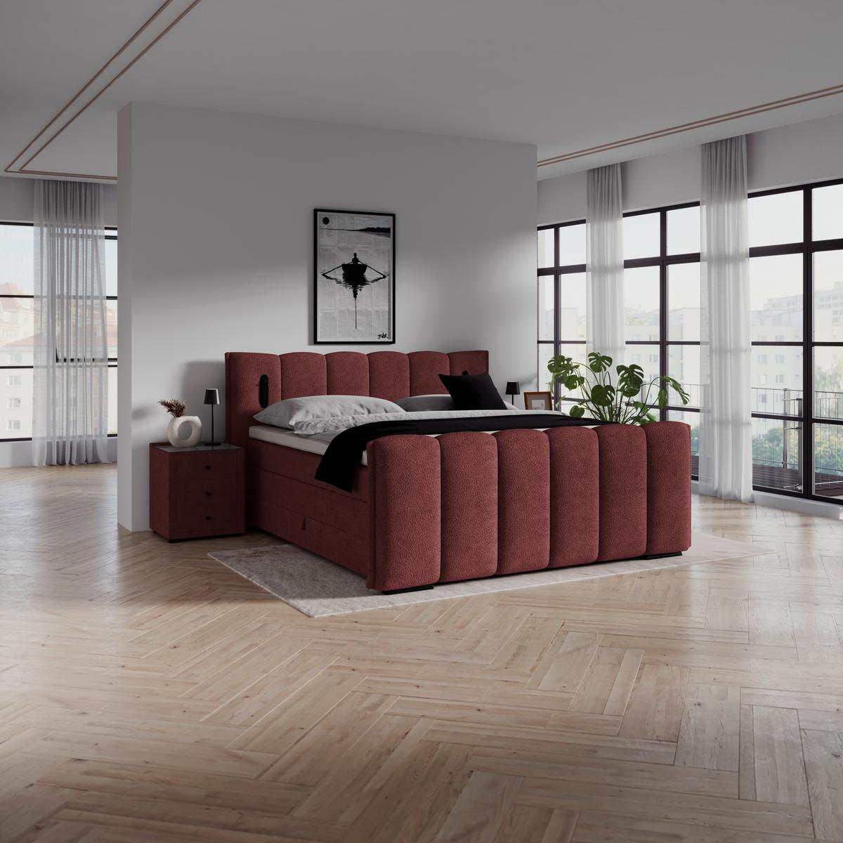 Boxspringbett Elysia inkl. Bettkasten 200x200 - Bordeaux/Schwarz, Trend, Holz/Holzwerkstoff (200/200cm) - Luca Bessoni
