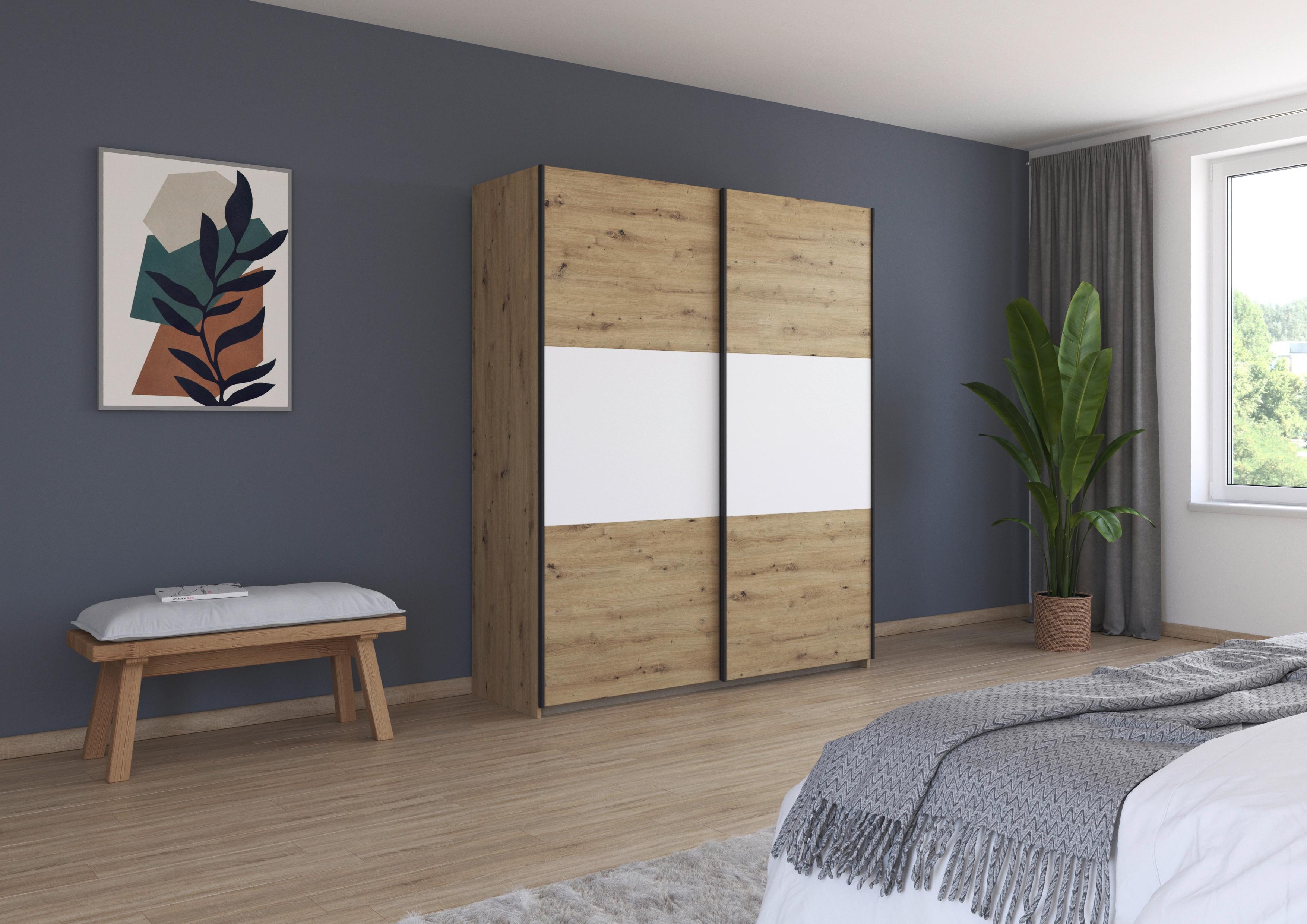 Schwebetürenschrank Neo Weiß Eiche Artisan Dekor - Alufarben/Weiß, MODERN, Holzwerkstoff (175/210/59cm) - Rauch Möbel