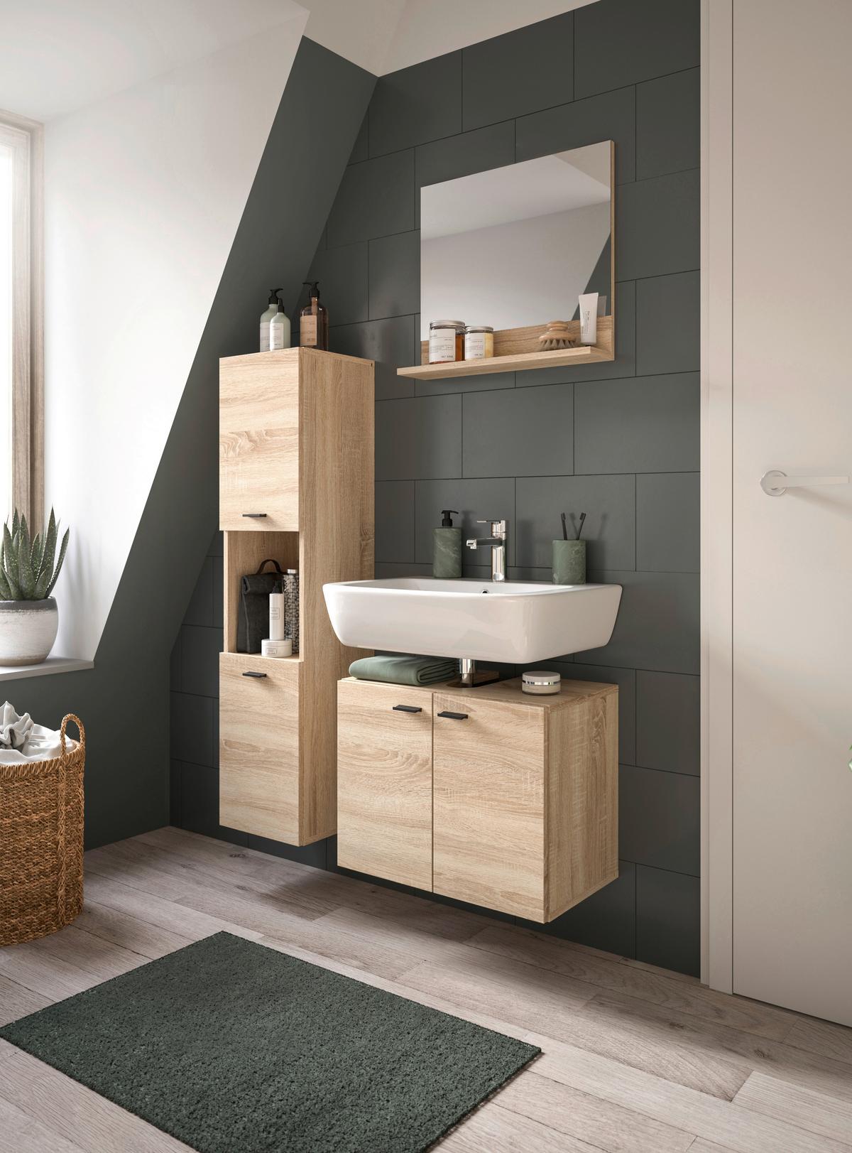 Badezimmer Boston Sonoma Eiche Dekor - Schwarz/Sonoma Eiche, MODERN, Glas/Holzwerkstoff (87cm) - MID.YOU