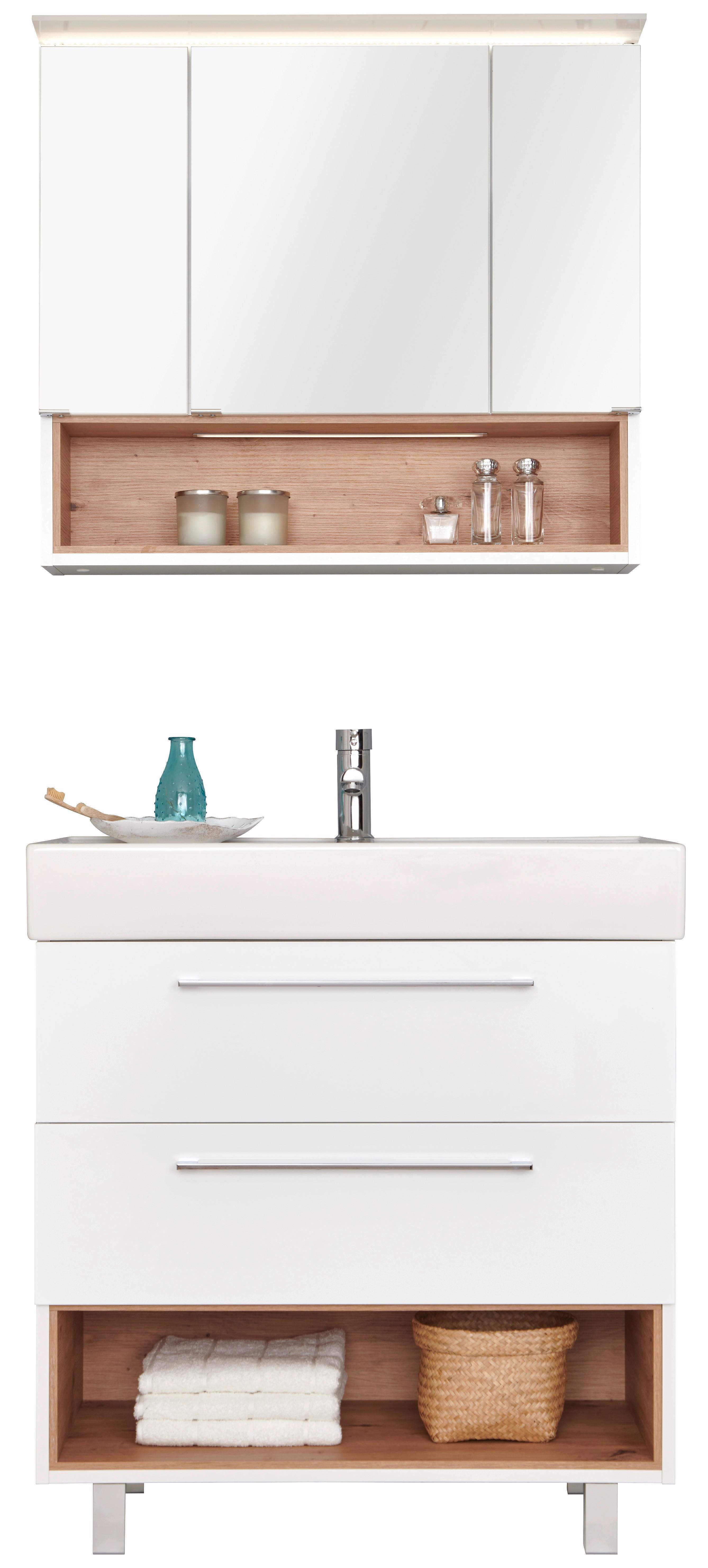 Badezimmer Mura Eiche Dekor/Weiß HG 3-Teilig - Weiß Hochglanz/Eiche Artisan, MODERN, Keramik/Holzwerkstoff (80/173,5/46,5cm)
