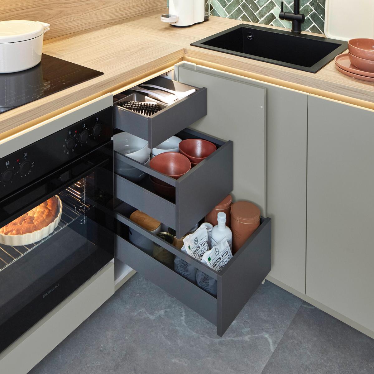 Eckküche Sidney/singapur - Sandfarben/Eichefarben, Basics, Holzwerkstoff (185/288cm) - Vertico