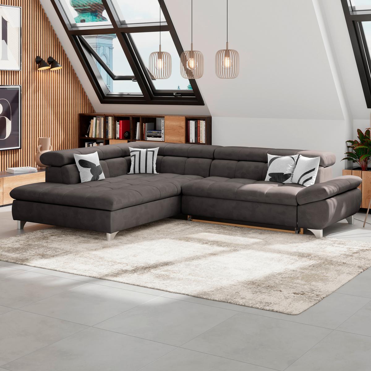Ecksofa Gemini Dunkelbraun, B: 234cm - Chromfarben/Graubraun, KONVENTIONELL, Textil (234/312cm)