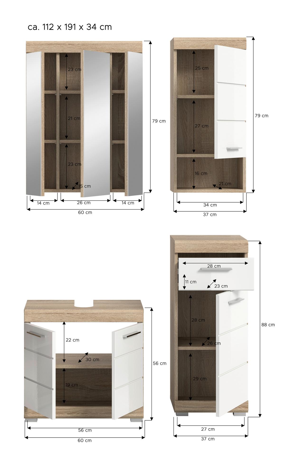 Badezimmer Lambada Eiche Dekor/Weiß B: 97 cm - Weiß Hochglanz/Silberfarben, MODERN, Glas/Holzwerkstoff (97cm) - MID.YOU