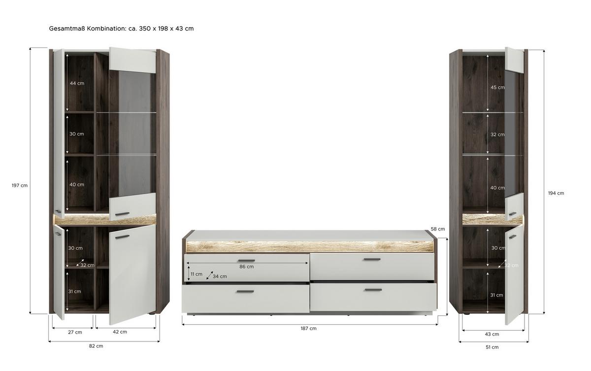 Wohnwand Nox Oak Dekor, Hellgrau Nb - Design, Glas/Holzwerkstoff (350/198/43cm) - MID.YOU
