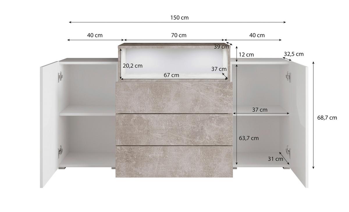 Široká komoda URBANII bílá VL - bílá/šedá, Lifestyle, kompozitní dřevo/plast (150/68,7/32,5cm) - P & B