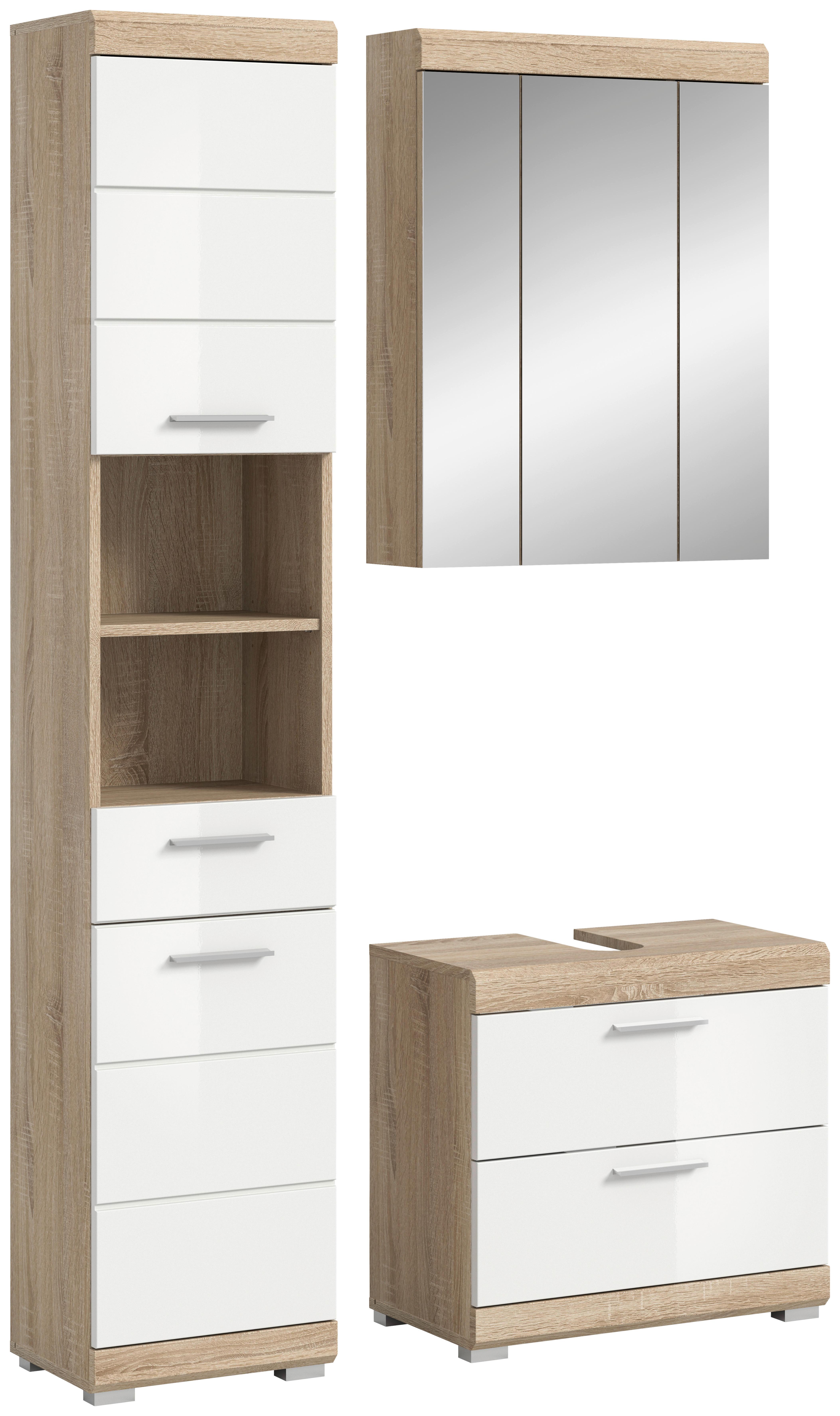 Badezimmer Lambada Eiche Dekor/weiß B: 97 Cm - Weiß Hochglanz/Silberfarben, MODERN, Glas/Holzwerkstoff (97cm) - MID.YOU