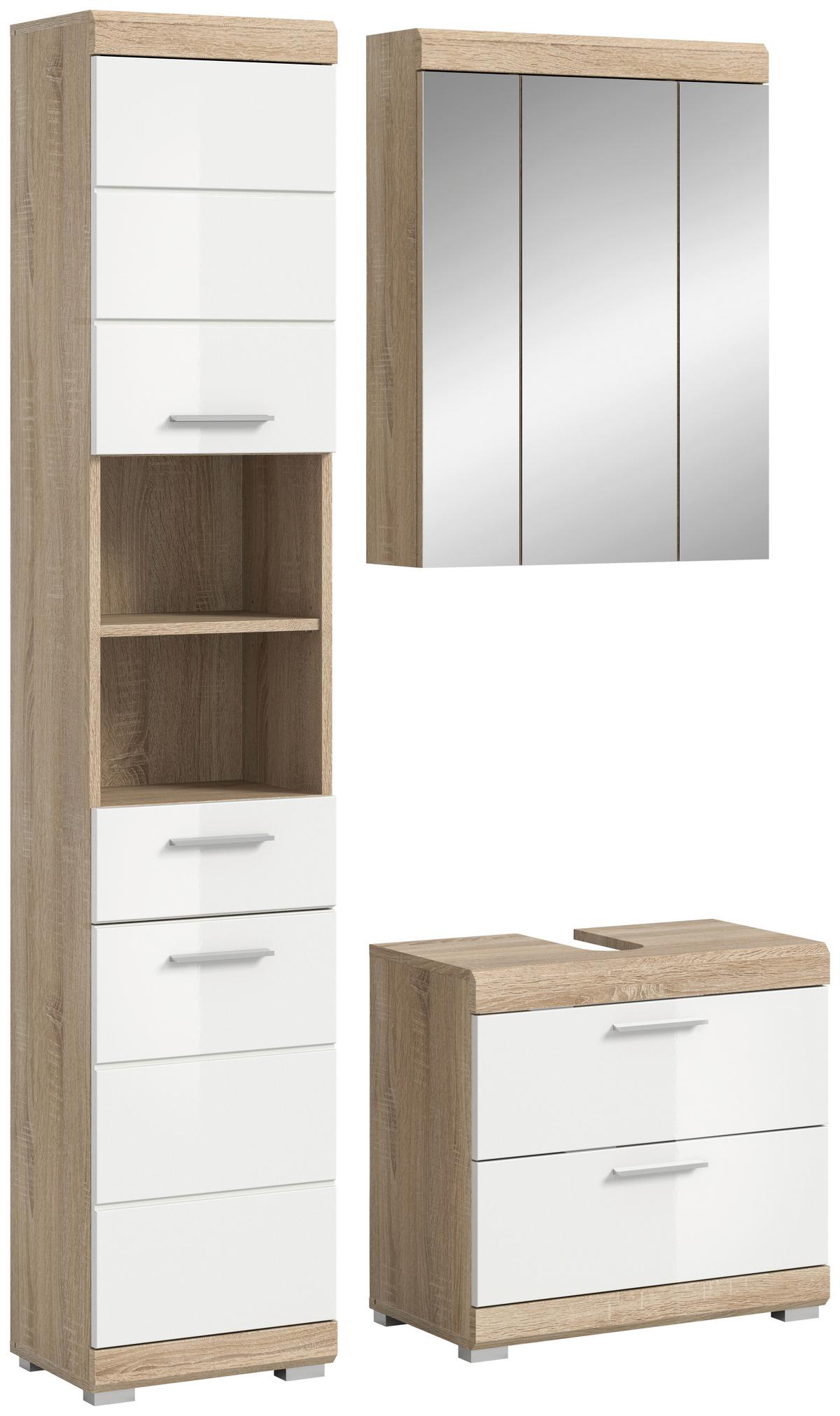 Badezimmer Lambada Eiche Dekor/weiß B: 97 Cm - Weiß Hochglanz/Silberfarben, MODERN, Glas/Holzwerkstoff (97cm) - MID.YOU