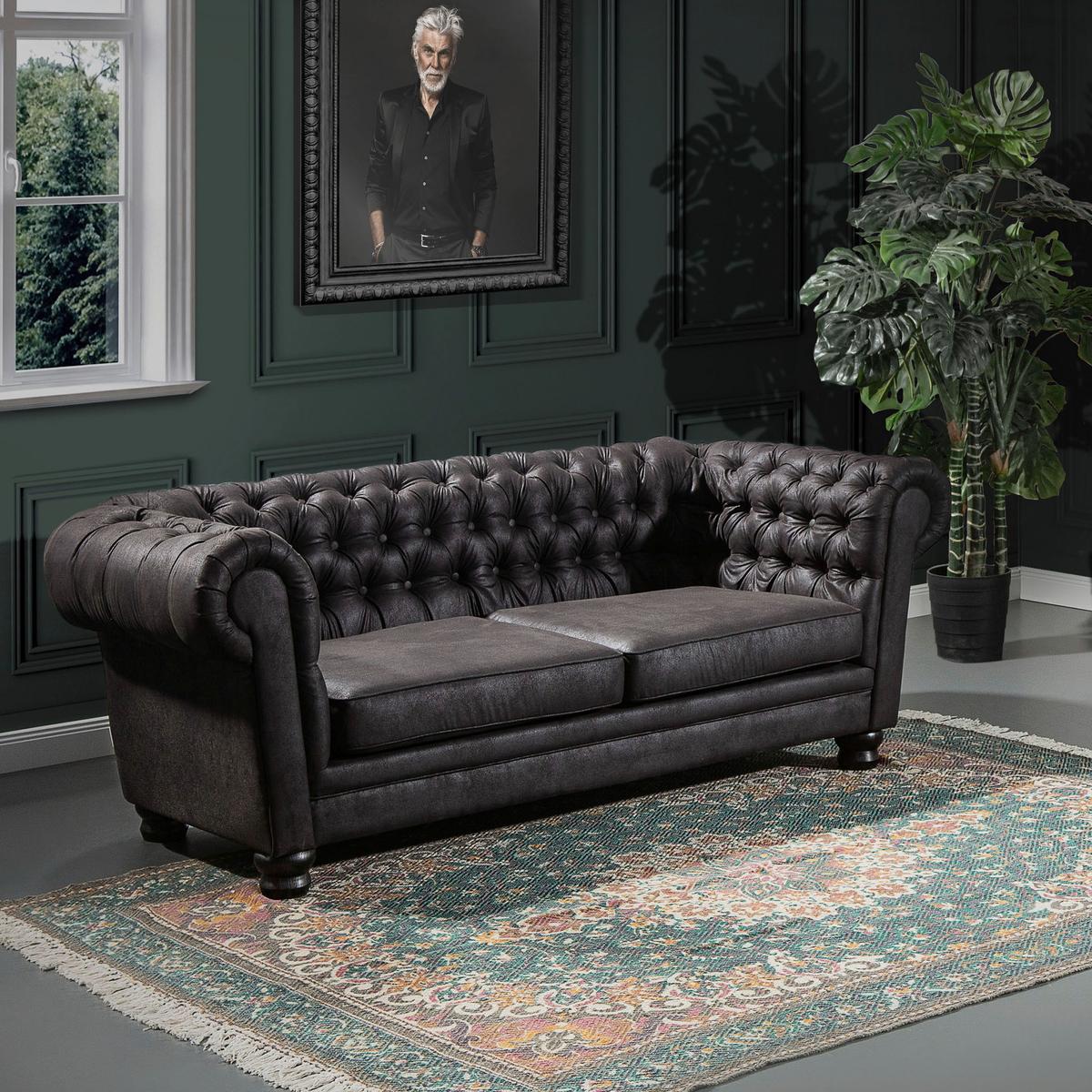 Chesterfield-Sofa Slopes Dunkelgrau 3-Sitzer - Dunkelgrau/Dunkelbraun, KONVENTIONELL, Textil (203/79/93cm) - Livetastic