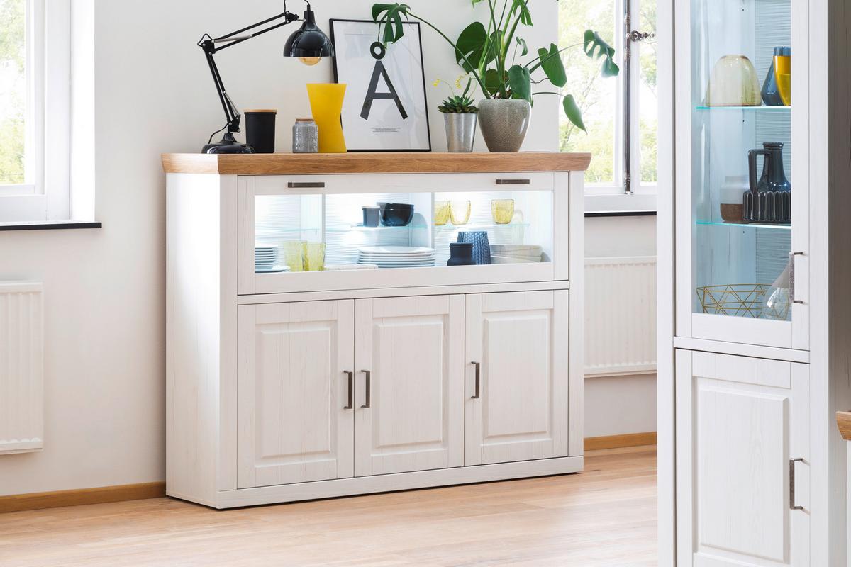 Highboard B: 163 cm Brixen Eichen/Pinie Dekor - Eichefarben/Schwarz, Design, Glas/Holzwerkstoff (163/123/40cm) - Livetastic