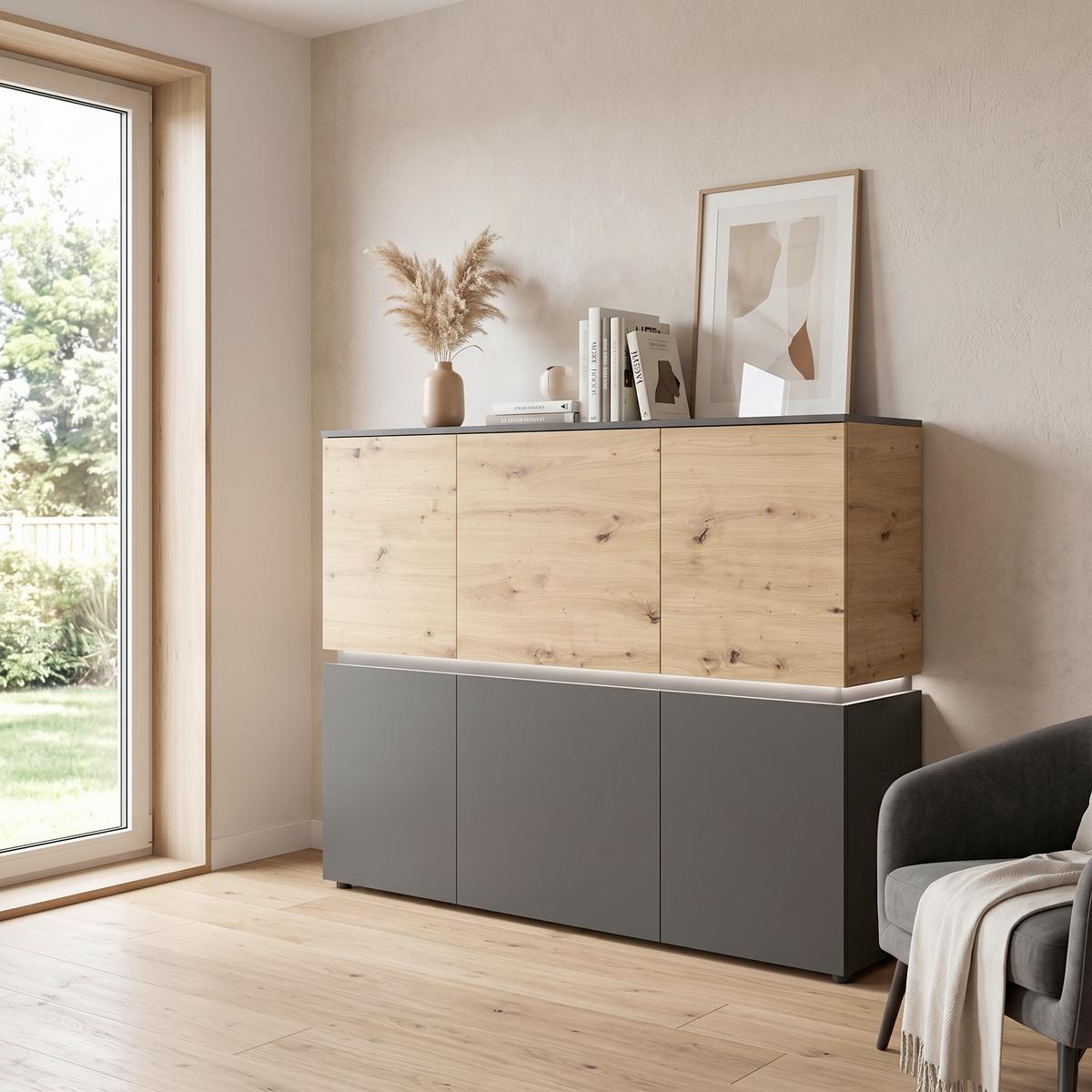 Sideboard Luci Grau Eiche Artisan/Grau B: 165,5 cm - Anthrazit/Schwarz, Trend, Holzwerkstoff (165,5/131,5/40cm) - MID.YOU