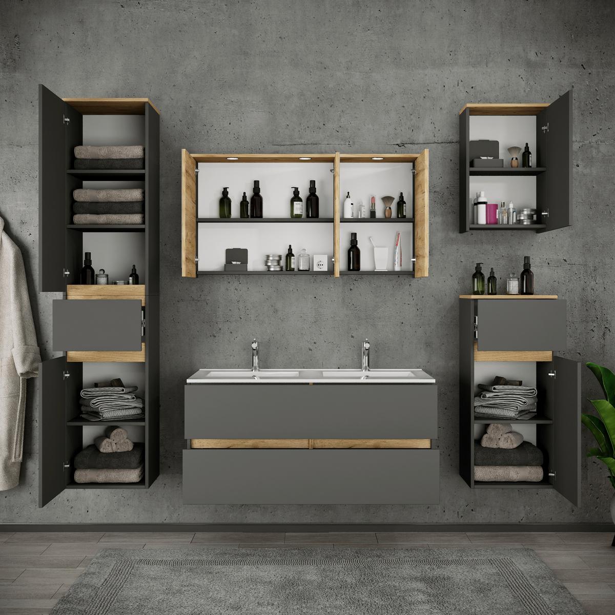 Fürdőszobabútor Cosila - méztölgy színű/antracit, Trend, faalapú anyag/kerámia (192cm) - MID.YOU