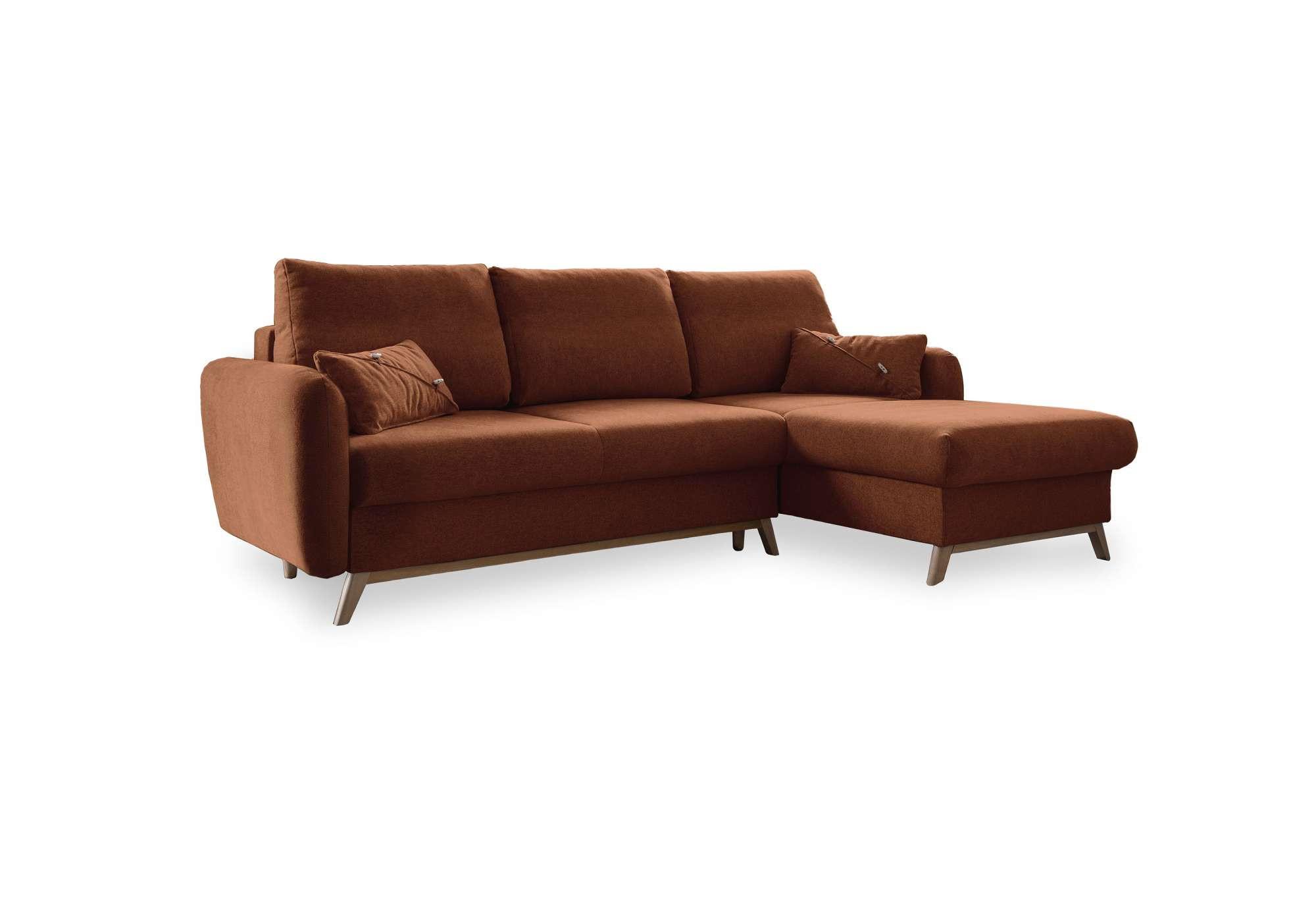 Sedačka LUCILE S, pravá, tehlová, úl.priestor a lôžko - prírodná farba/terakotová, drevo/textil (235/157cm) - MID.YOU