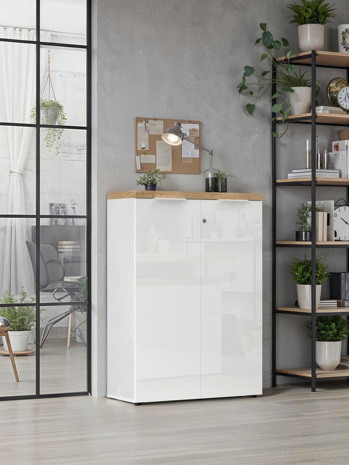 SKRIŇA EASY OFFICE - biela s vysokým leskom/farba duba, Modern, kov/kompozitné drevo (81/116/34cm) - Based
