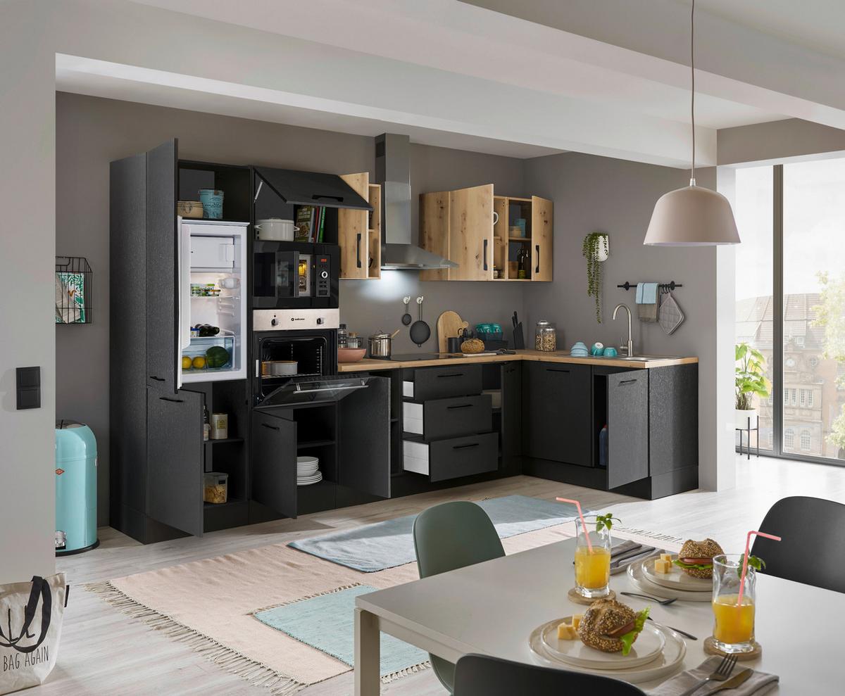 Eckküche Turin Schwarz/Eiche Dekor 340x175 cm - Schwarz/Eiche Artisan, Basics, Holzwerkstoff (340/175cm) - MID.YOU