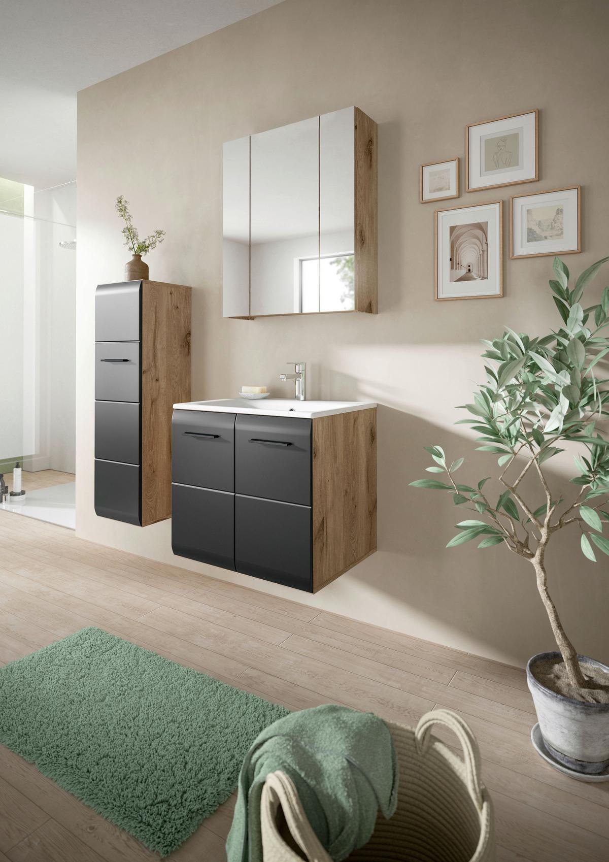 Kúpeľňa Ice 2-dielna, čierna/dub tmavy - čierna/biela, Basics, kompozitné drevo/plast (60cm) - MID.YOU