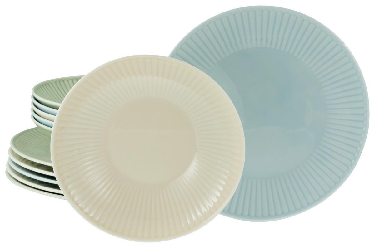 Tafelservice Valencia 12--Teilig., Creme, Grün, Blau - Pastellblau/Pastellgrün, Basics, Keramik - Creatable
