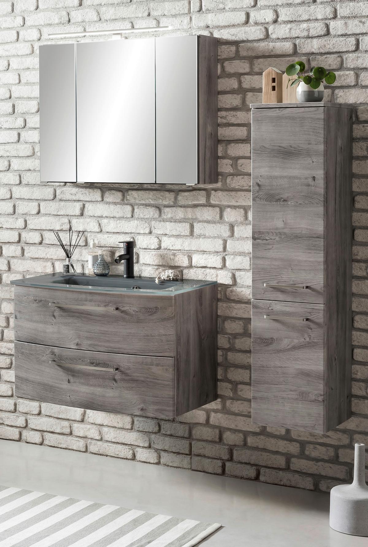 Badmöbel-set 3-tlg. Stockholm B: 110 Cm Grau - Eichefarben/Eiche grau, KONVENTIONELL, Glas/Holzwerkstoff (110cm) - Held