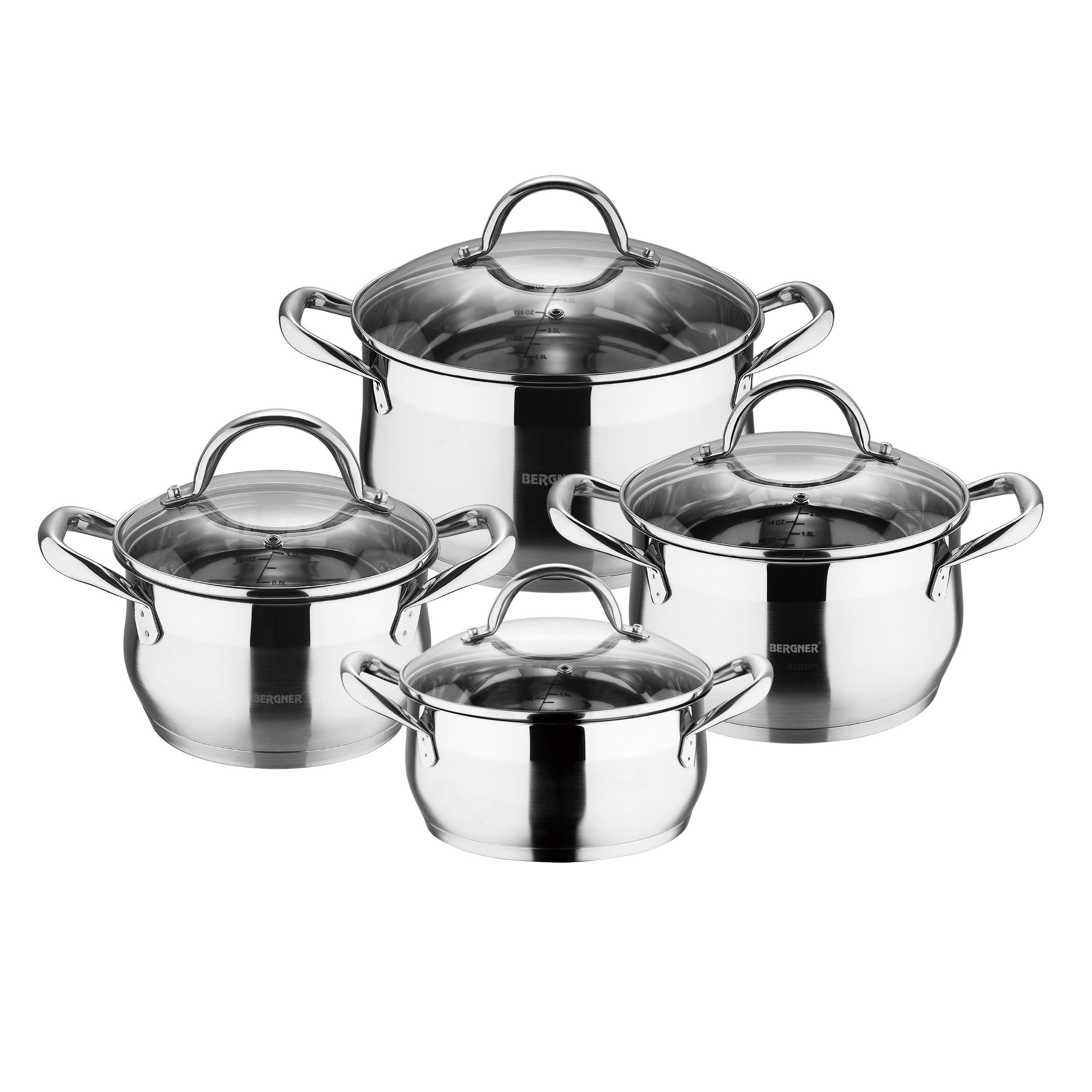 Kochtopfset 8-Tlg. Edelstahl 4 Deckel - Edelstahlfarben/Transparent, Trend, Glas/Metall