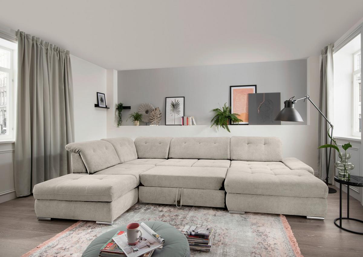 Wohnlandschaft Dalida Beige U: 254x376x195 Cm - Chromfarben/Beige, Design, Textil (254/376/195cm) - Livetastic