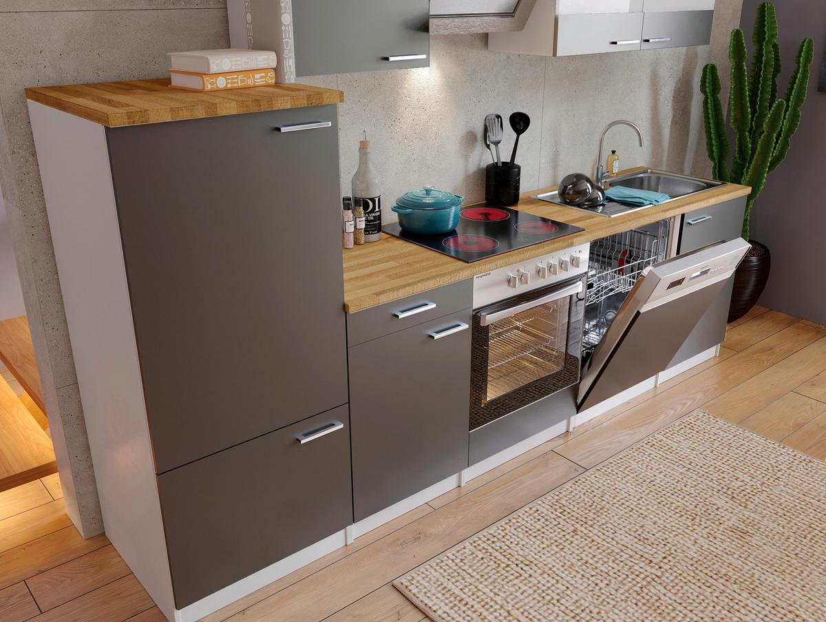 Küchenzeile Economy M. Geräten 280 Cm Grau/nussbaum Dekor - Nussbaumfarben/Weiß, Basics, Holzwerkstoff (280cm) - Respekta