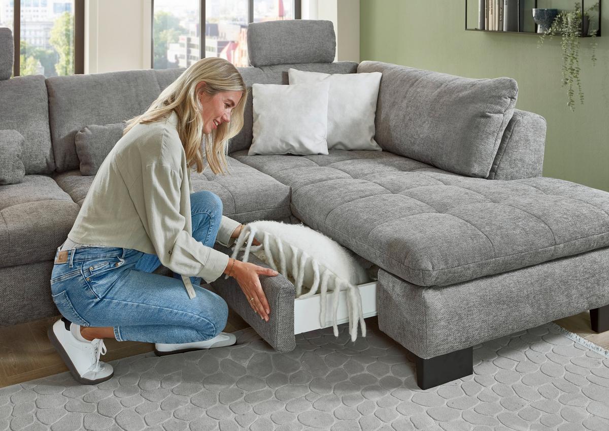 Rohová sedačka LANDO, pravá, šedá žinylka, s funkcemi - šedá/černá, Moderní, kov/textil (289/197cm) - Premium Living