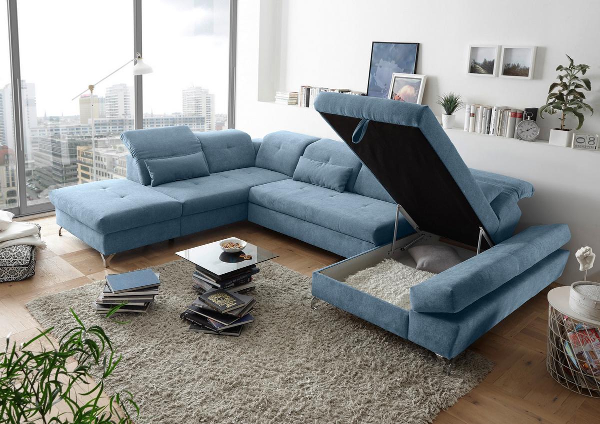Ecksofa Melfi Blau U: 245 cm - Blau/Silberfarben, MODERN, Textil (245/350/168cm) - MID.YOU