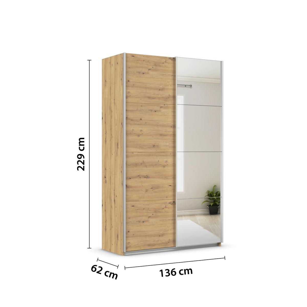 Schwebetürenschrank + Spiegel B: 136cm Feldkirch Eiche Dekor - Silberfarben/Eiche Artisan, MODERN, Holzwerkstoff (136/229/62cm)