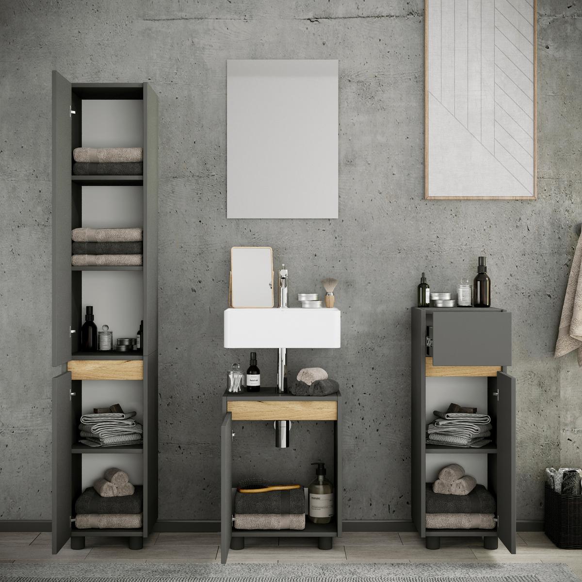 Fürdőszobabútor Cosila - méztölgy színű/antracit, Trend, faalapú anyag (112cm) - MID.YOU