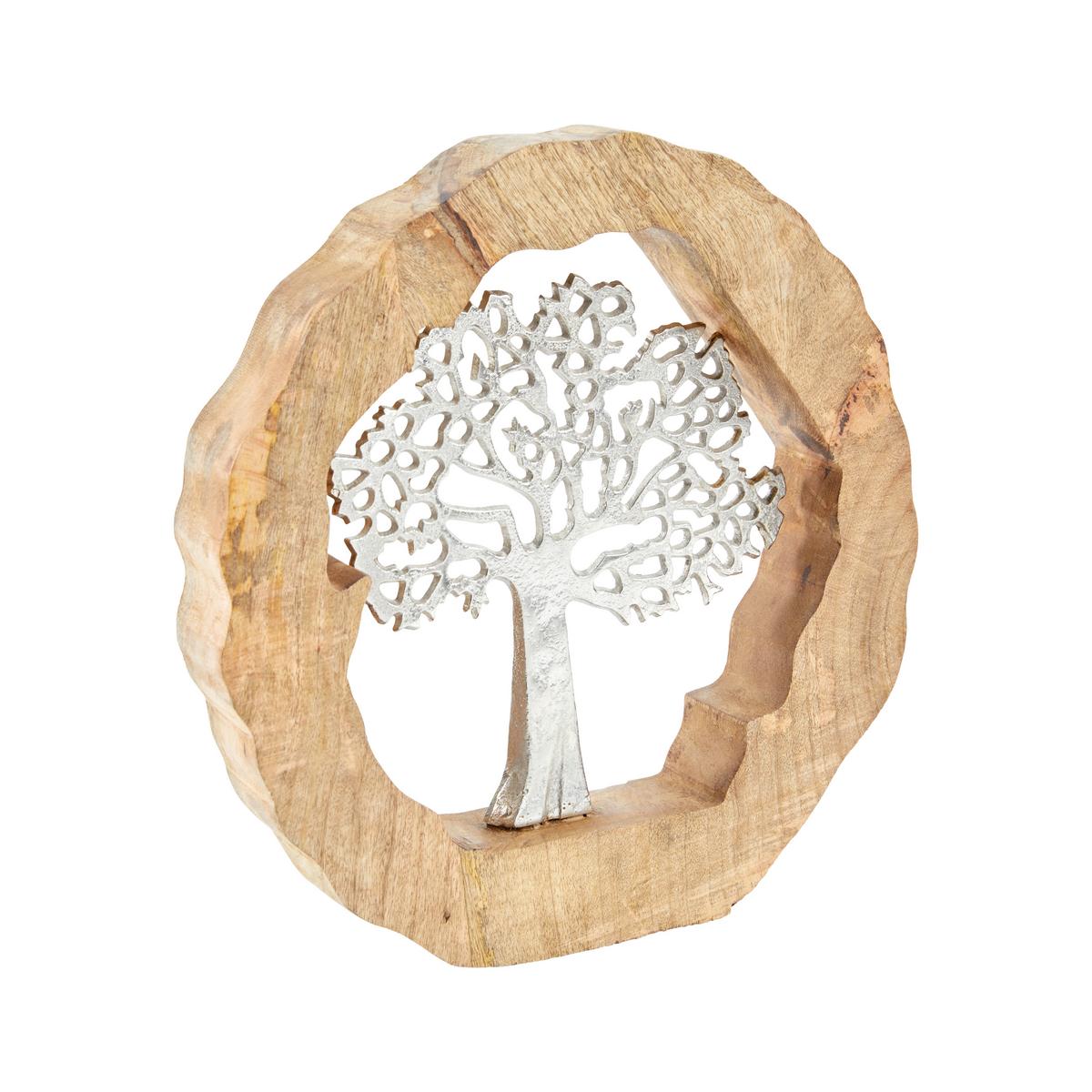 Dřevěná dekorace Tree - barvy stříbra/přírodní barvy, kov/dřevo (31/5/34cm)