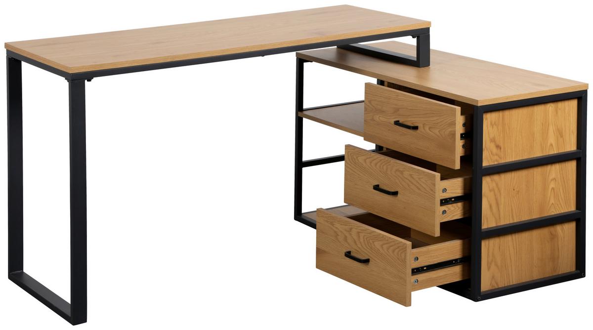 Eckschreibtisch Flux Schwarz/Eichefarben L: 140 cm - Eichefarben/Schwarz, MODERN, Holzwerkstoff/Metall (140/100/75cm) - Livetastic
