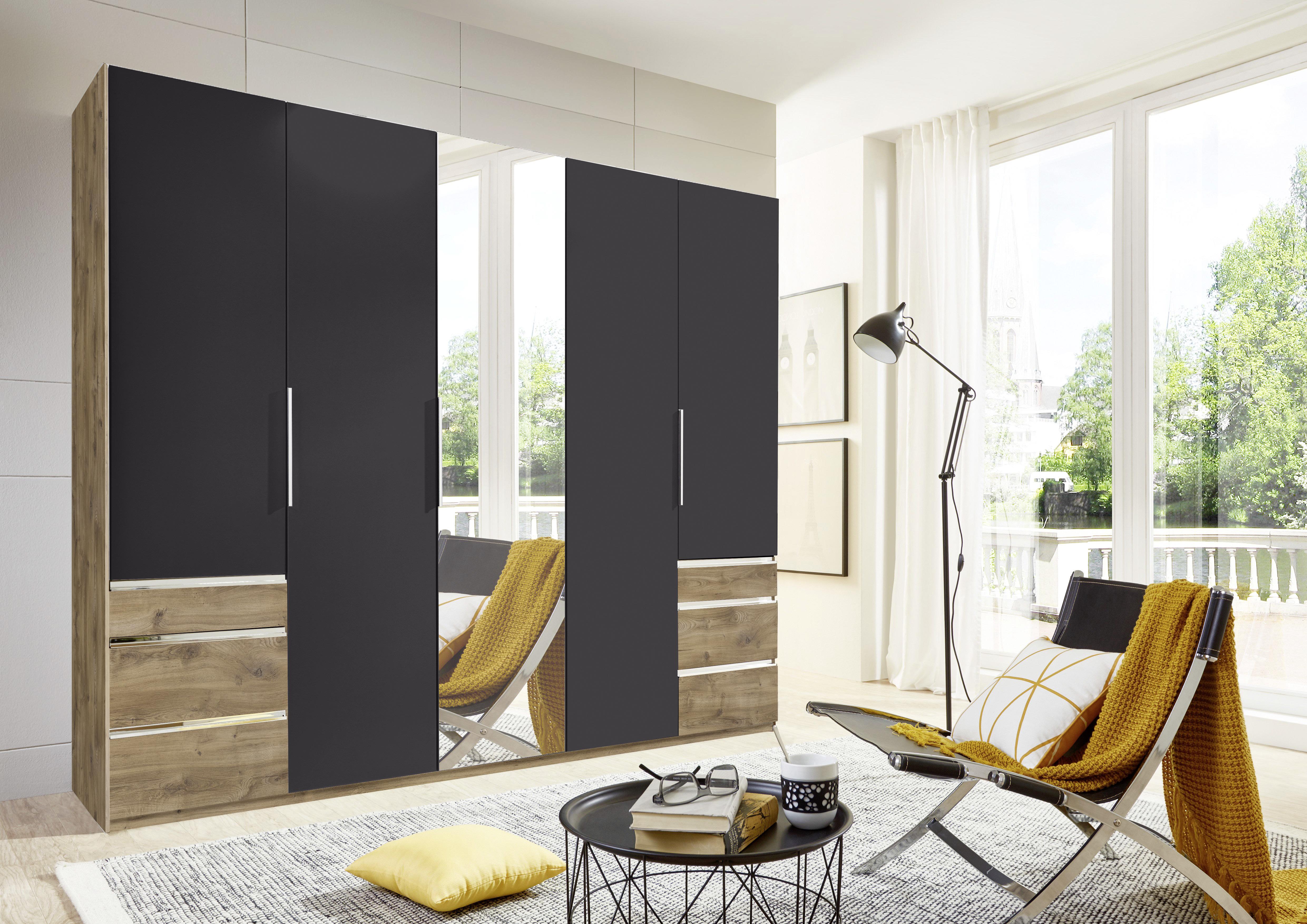 Drehtürenschrank Mit Spiegel + Laden 250cm Level 36a, Graphit - Eichefarben/Graphitfarben, MODERN, Glas/Holzwerkstoff (250/216/58cm) - MID.YOU