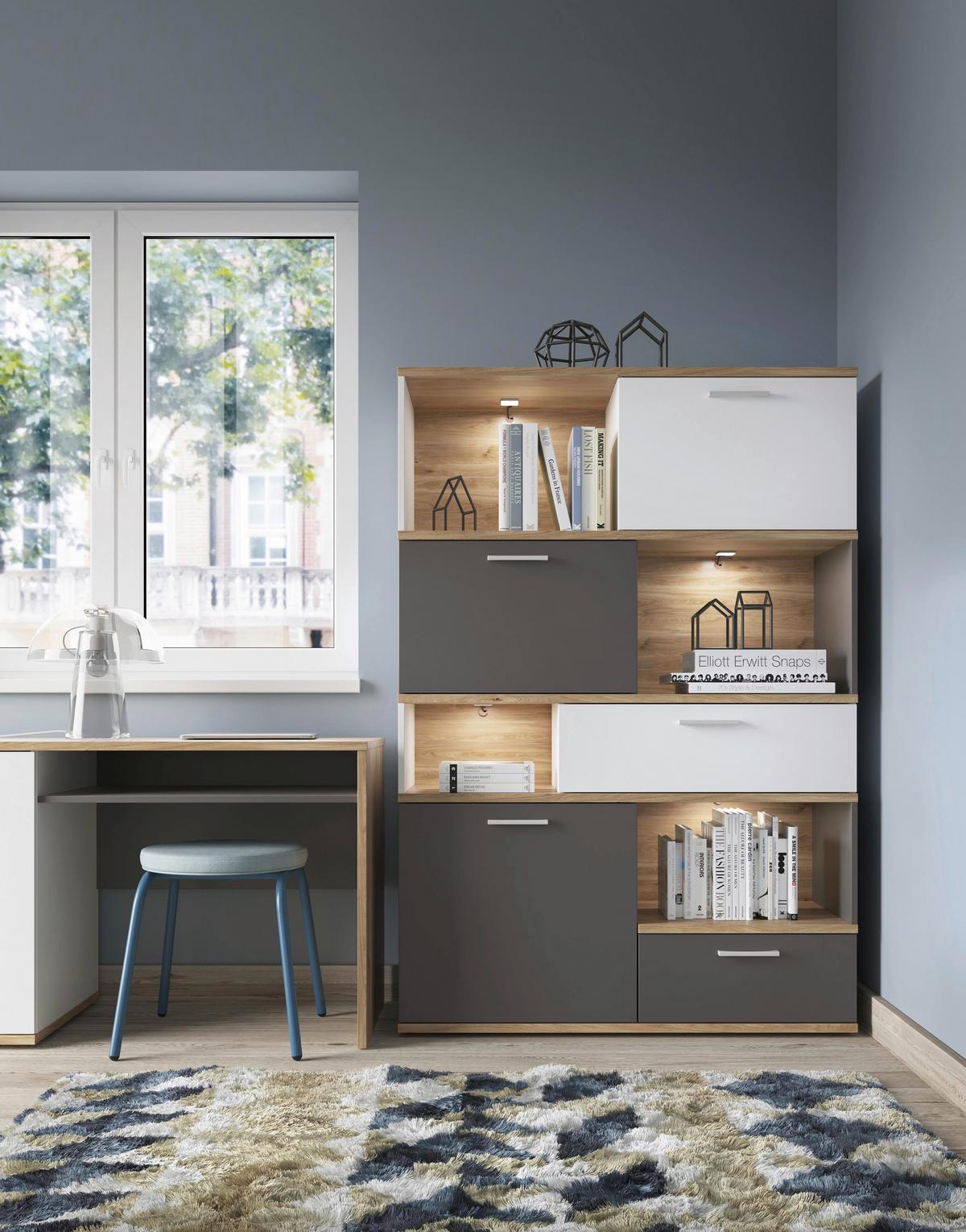 Regál TWENTY dekor bílá/grafit/dub - bílá/barvy dubu, Moderní, kompozitní dřevo/plast (115/168/40cm) - Modern Living