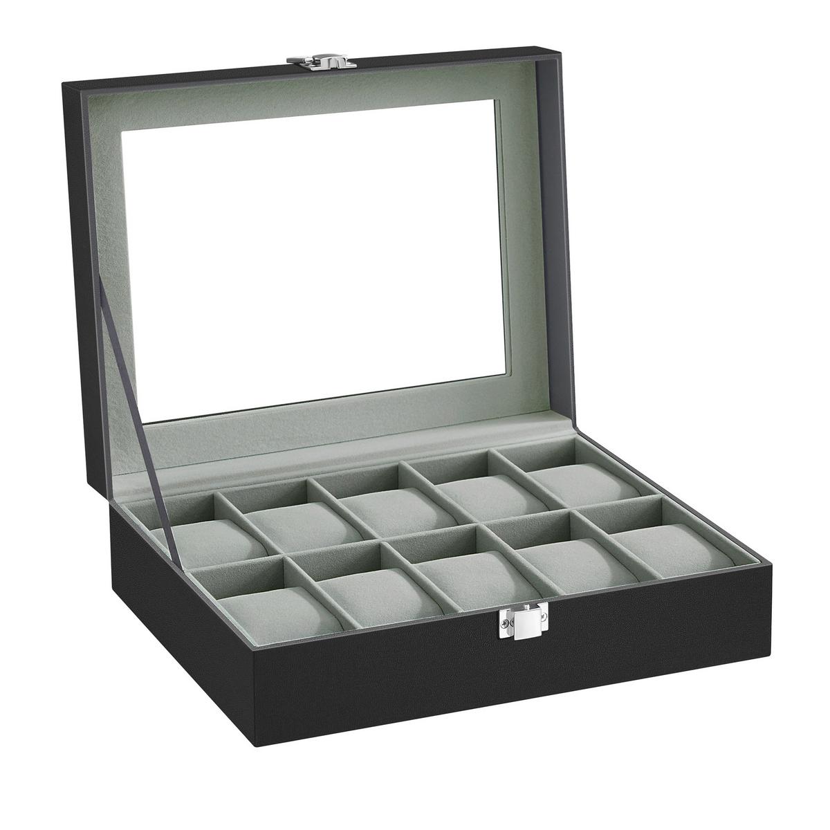 Uhrenbox Schwarz B: 25,5 cm - Schwarz, Basics, Glas/Holzwerkstoff (25,5/7,8/20,2cm)