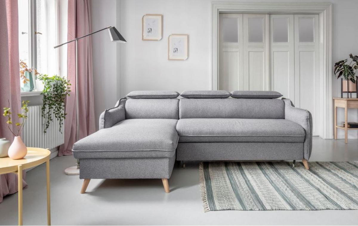 Rozkládací sedačka Simone, levé provedení - světle šedá/přírodní barvy, Moderní, dřevo/textil (228/82/95/162cm)