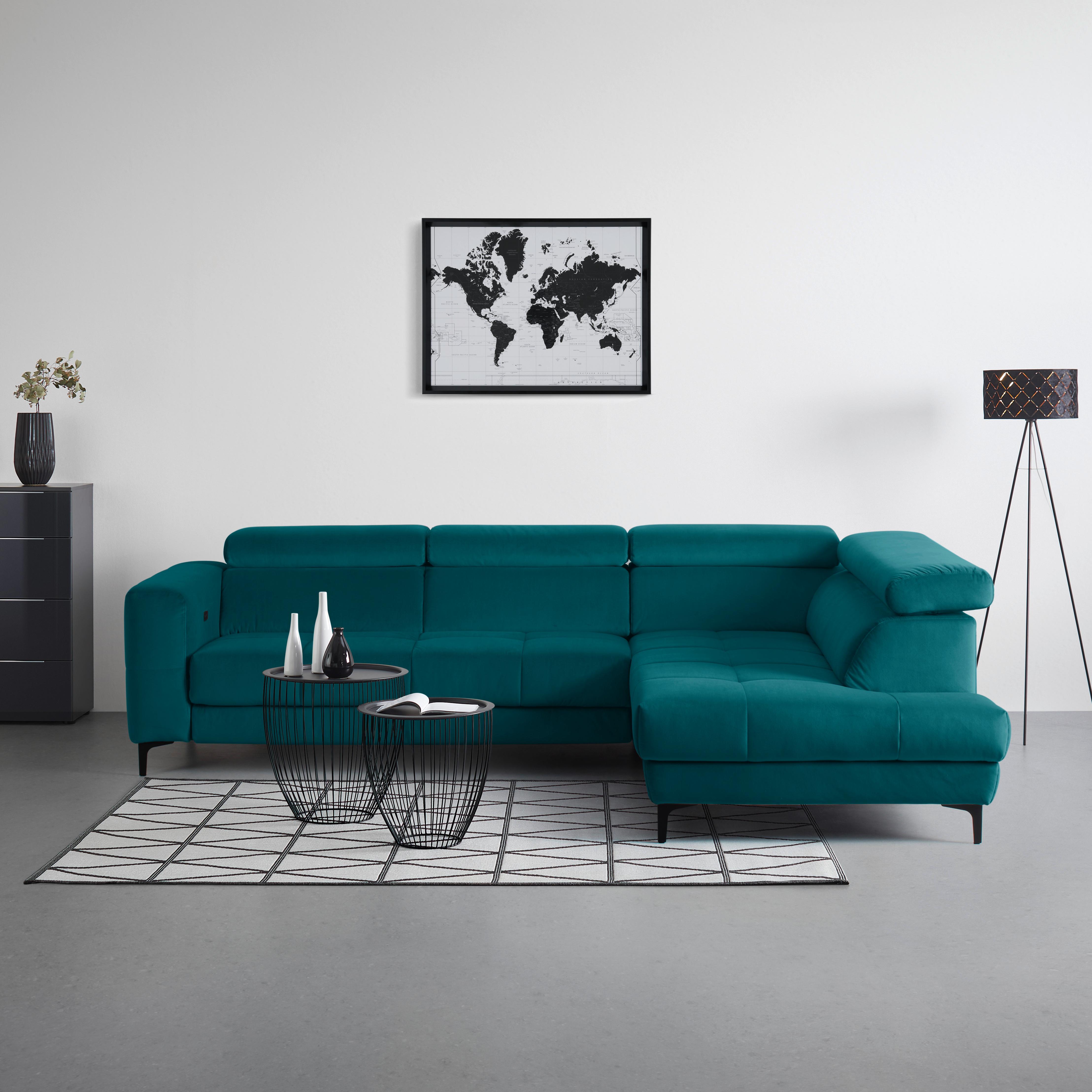 Rohová sedačka EMMA, pravá, petrolej.,op.hl.,USB,el.výsuv - petrolej/černá, Moderní, textil (301/210cm) - Premium Living