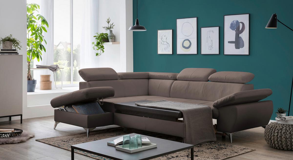 Ecksofa Mit Schlaffunktion Und Bettkasten Gisele Braun - Chromfarben/Braun, KONVENTIONELL, Textil (209/256cm) - Livetastic