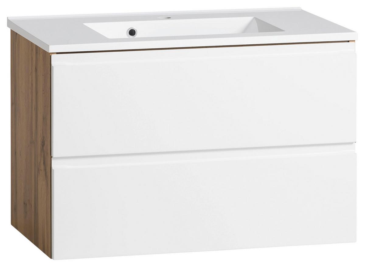 Waschbecken mit Unterschrank Varese B:80cm Eiche Dekor/Weiß - Eiche Wotan, MODERN, Holzwerkstoff/Stein (80cm) - Held