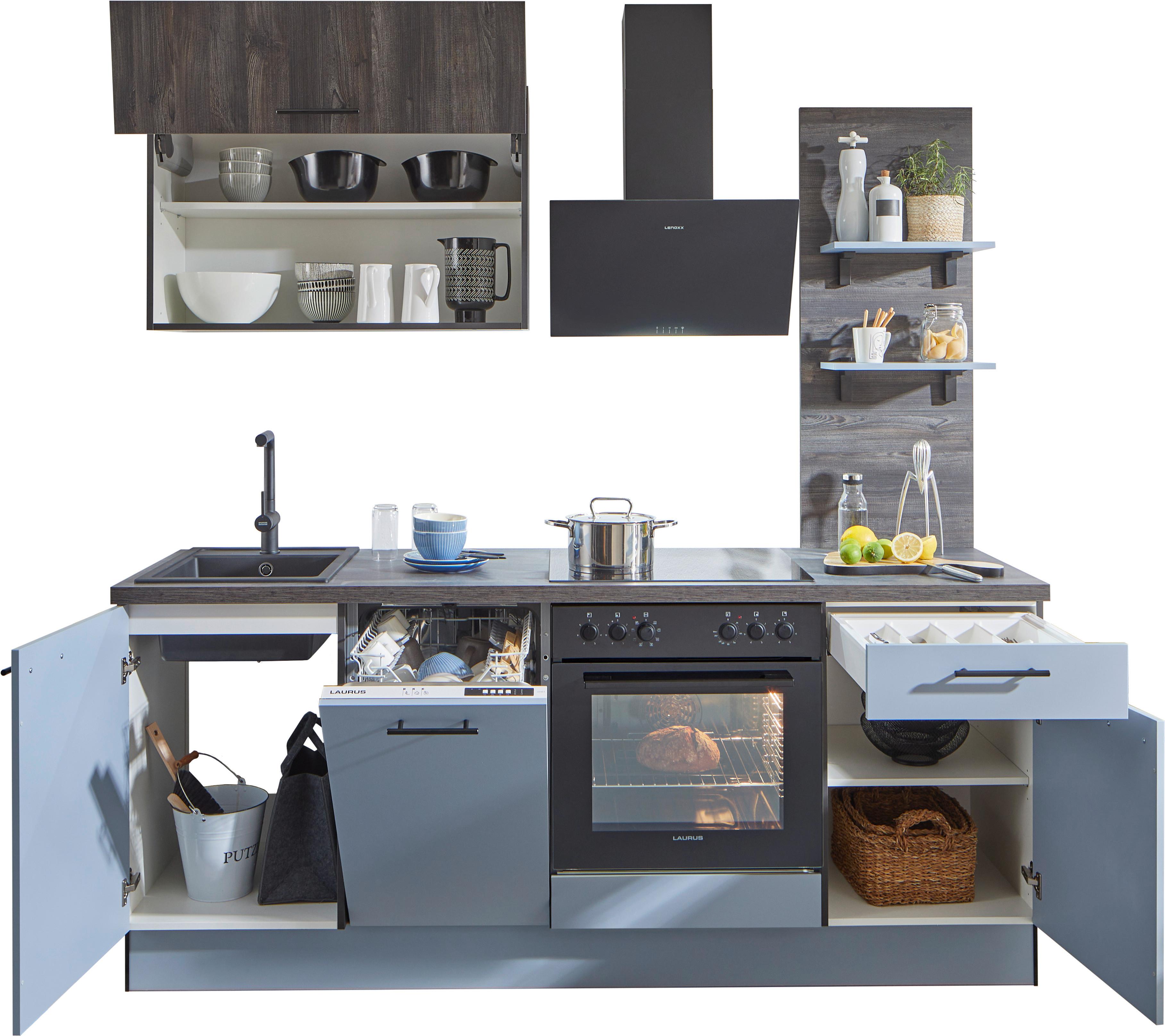 Einbauküche Pn105 / Pn 100 - Eiche dunkel/Pastellblau, Basics, Holzwerkstoff (205cm) - Pino