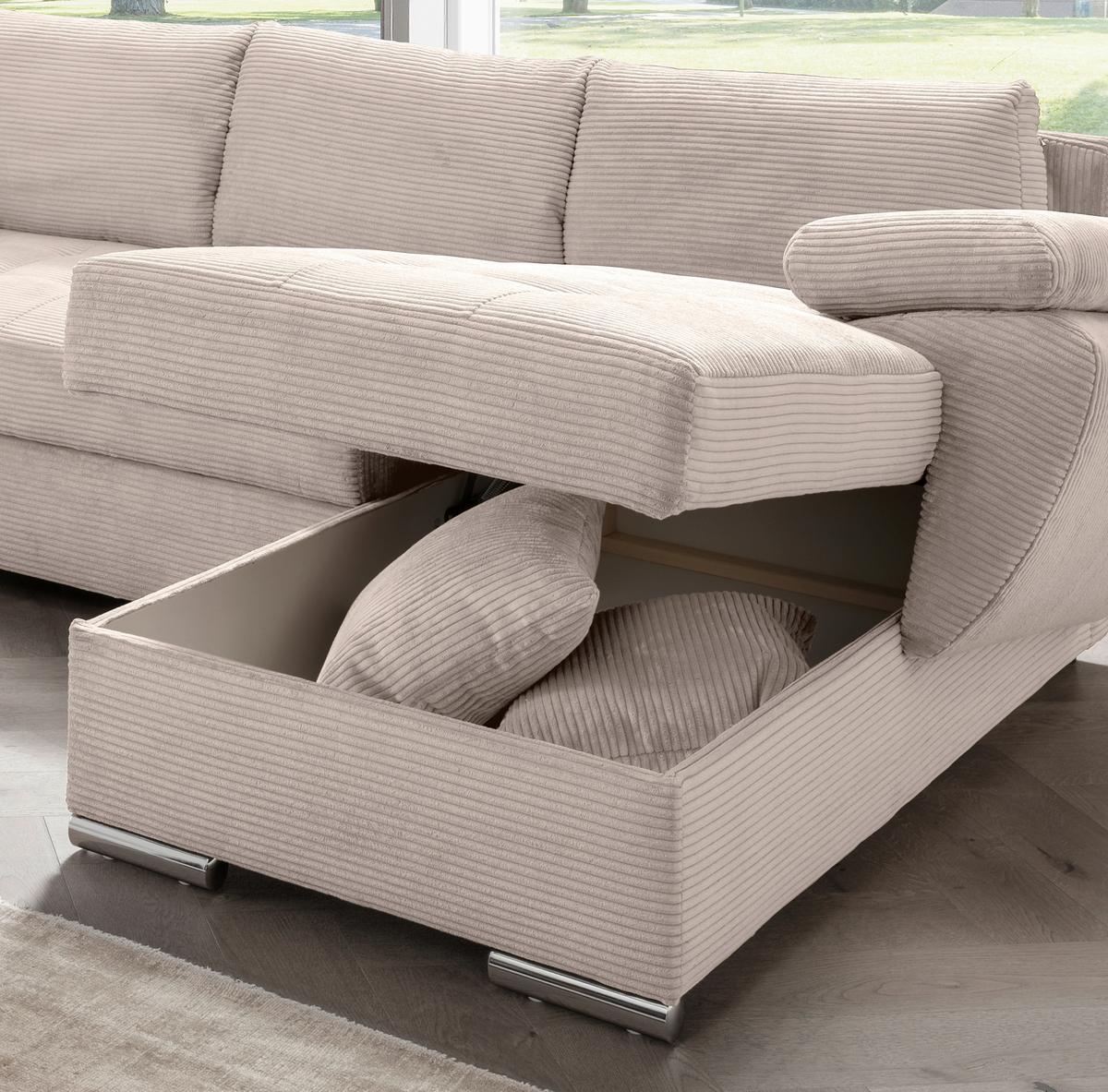 Wohnlandschaft Terana mit Schlaffunktion, Beige - Chromfarben/Beige, KONVENTIONELL, Textil (219/305/157cm) - P & B