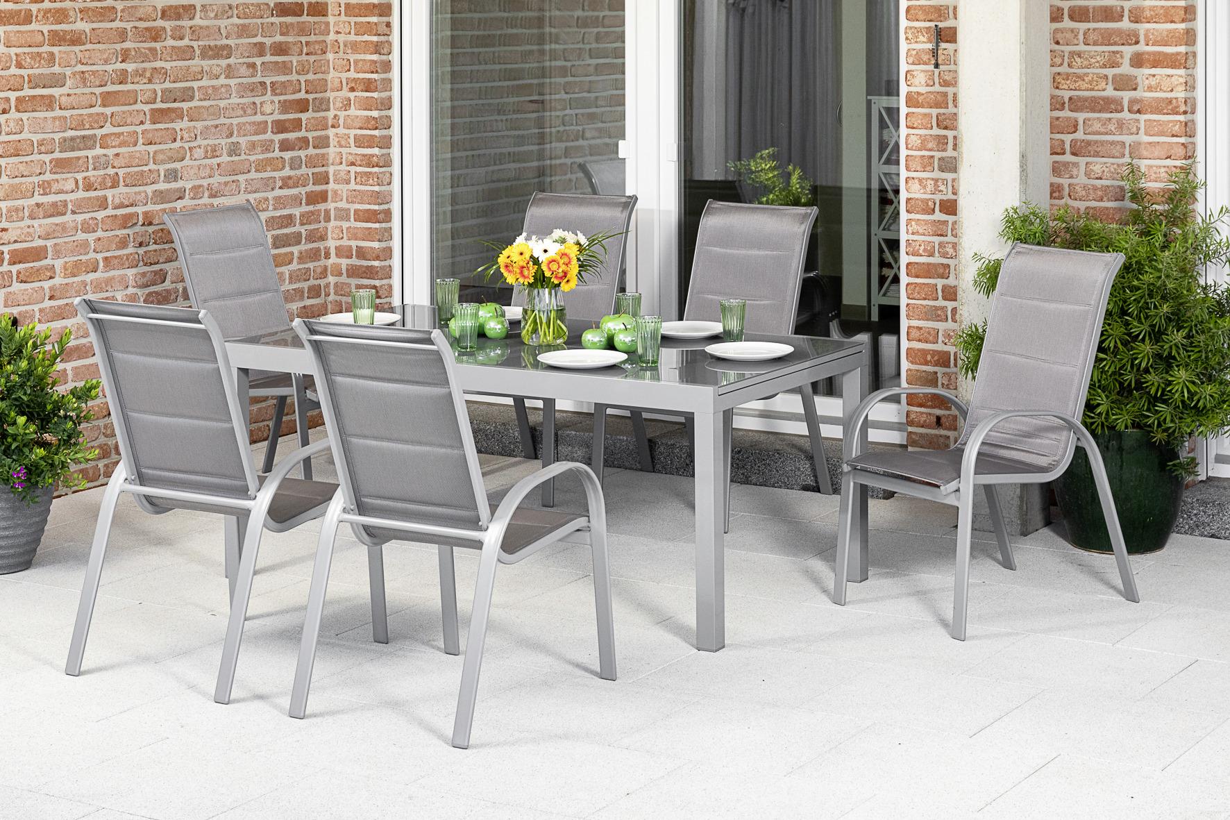 Gartenmöbel Set 7-Tlg Amalfi Di Lusso Metall/Glas/Textil - Silberfarben/Braun, KONVENTIONELL, Glas/Textil - Gardenson
