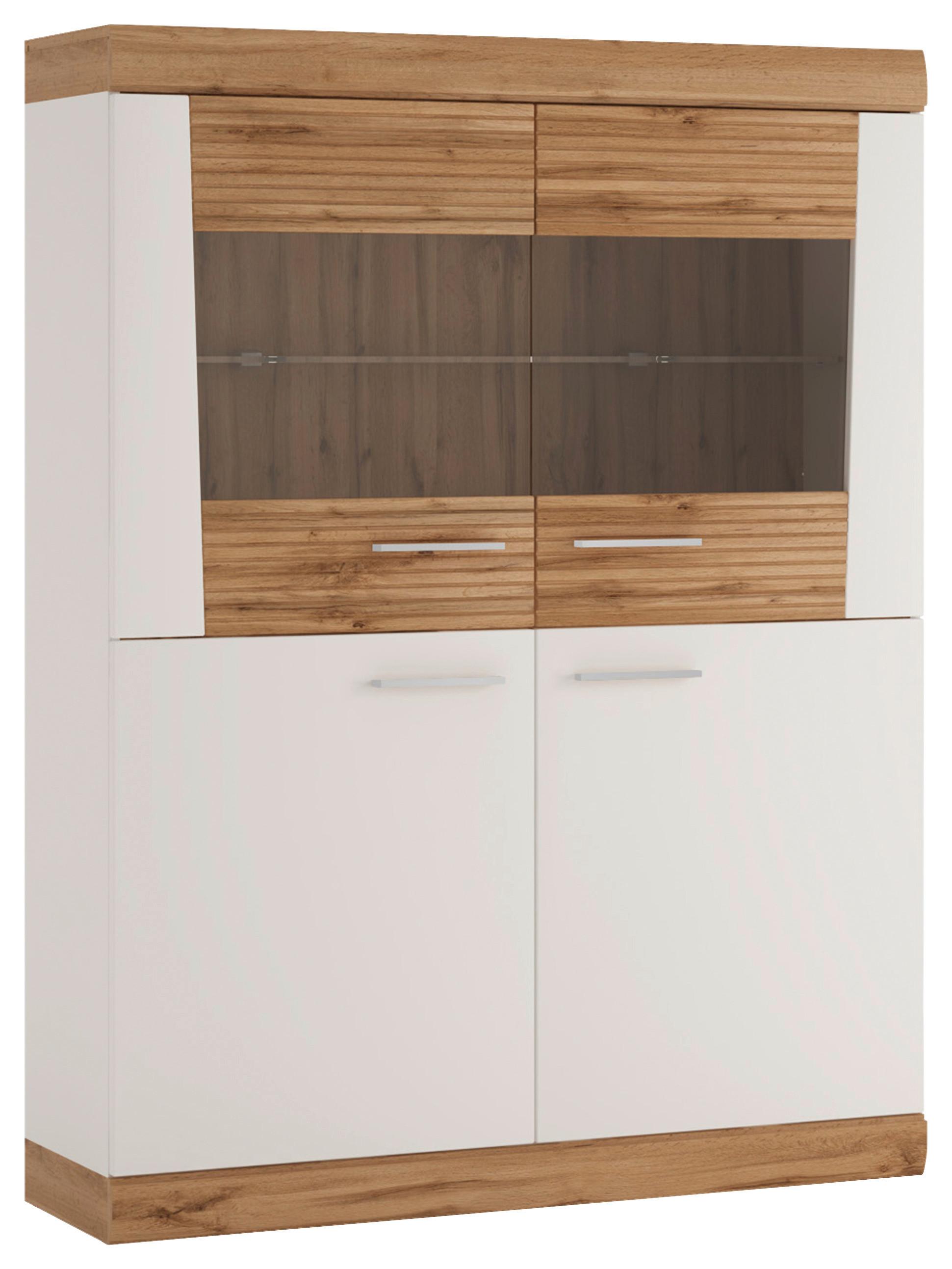 Highboard Merida Eiche Wotan/Weiß B: 120 cm - Weiß Hochglanz/Eiche Wotan, ROMANTIK / LANDHAUS, Glas/Holzwerkstoff (120/157,75/35,9cm) - MID.YOU
