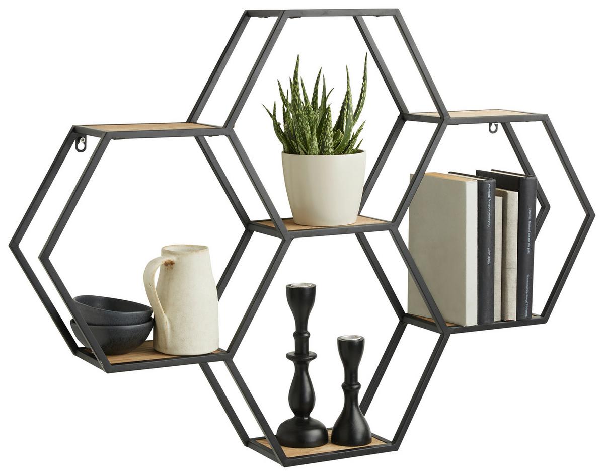 Nástěnný regál černá kov - černá/přírodní barvy, Lifestyle, kov/dřevo (88/63/12cm) - Premium Living