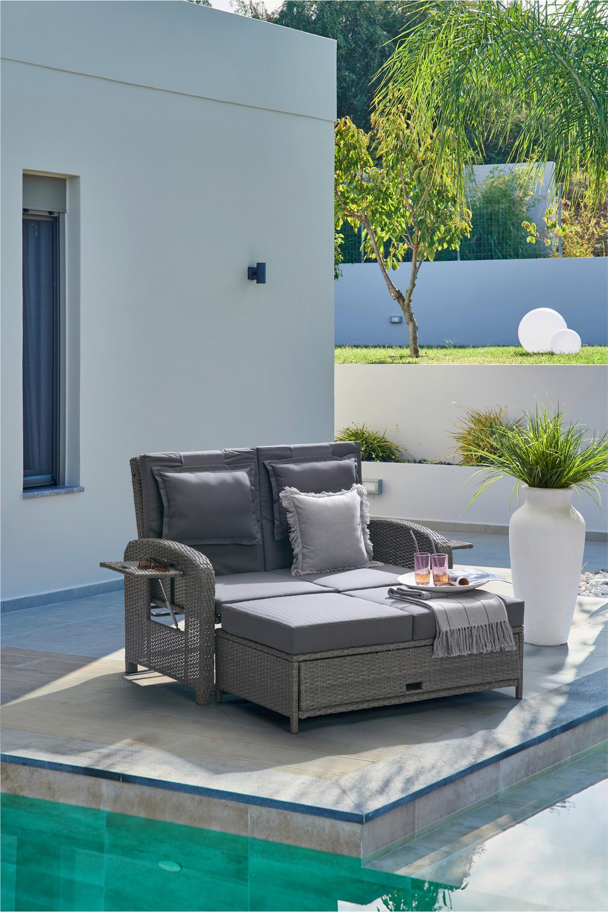 Loungesofa Havanna Kunststoffgeflecht mit Kissen - Braun/Grau, MODERN, Kunststoff/Textil (126/110/95/30,5/82/64cm) - Beldano