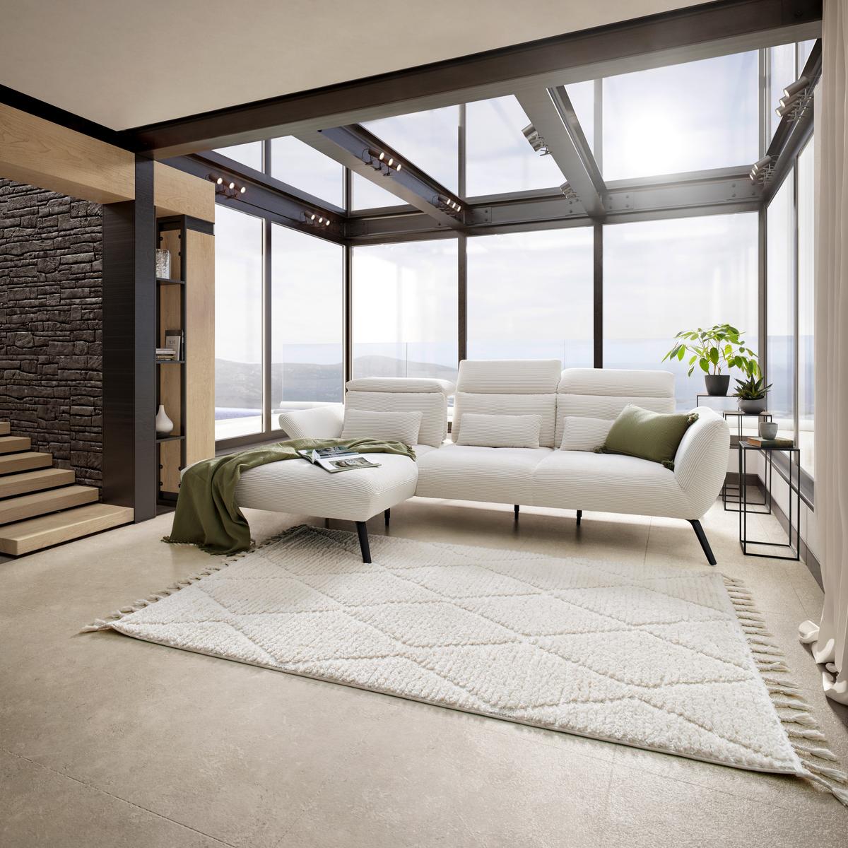 Rohová sedačka SEATTLE, levá, bílý manšestr, bez polštářů - bílá/černá, Moderní, kov/kompozitní dřevo (196/301cm) - Premium Living