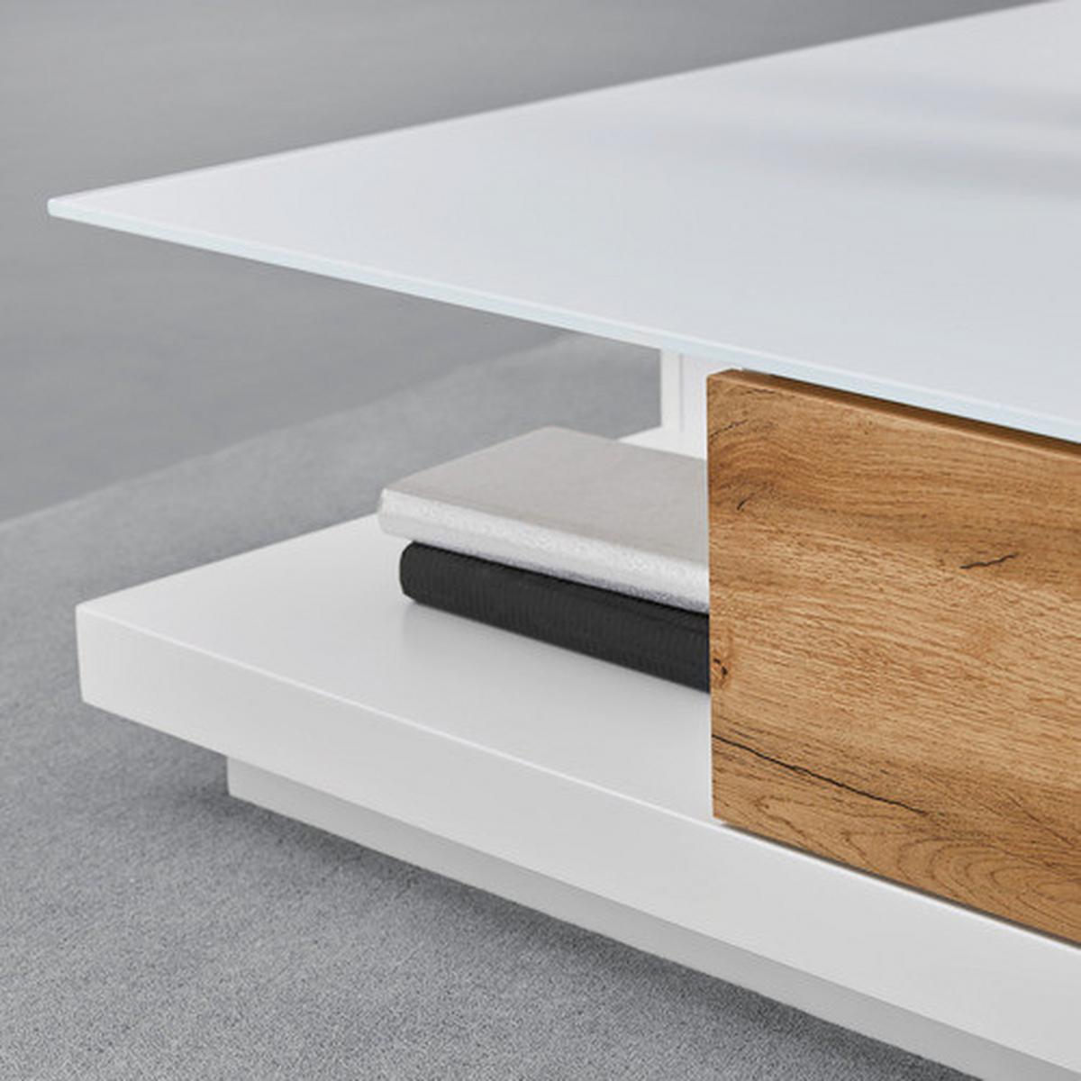 Konferenční stolek NEVIO bílá/dekor dub - bílá/barvy dubu, Moderní, sklo (85/85/30cm) - Bessagi Home
