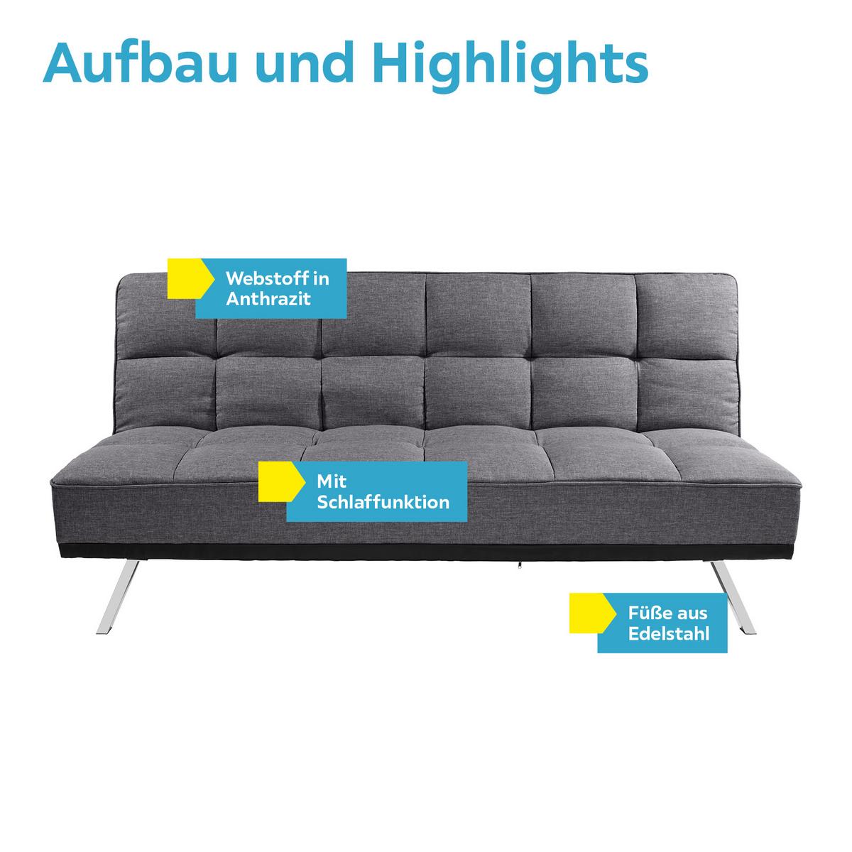 3-Sitzer-Sofa Mit Schlaffunkt. Roma Anthrazit - Edelstahlfarben/Anthrazit, Basics, Textil/Metall (179/84/96cm) - Ondega