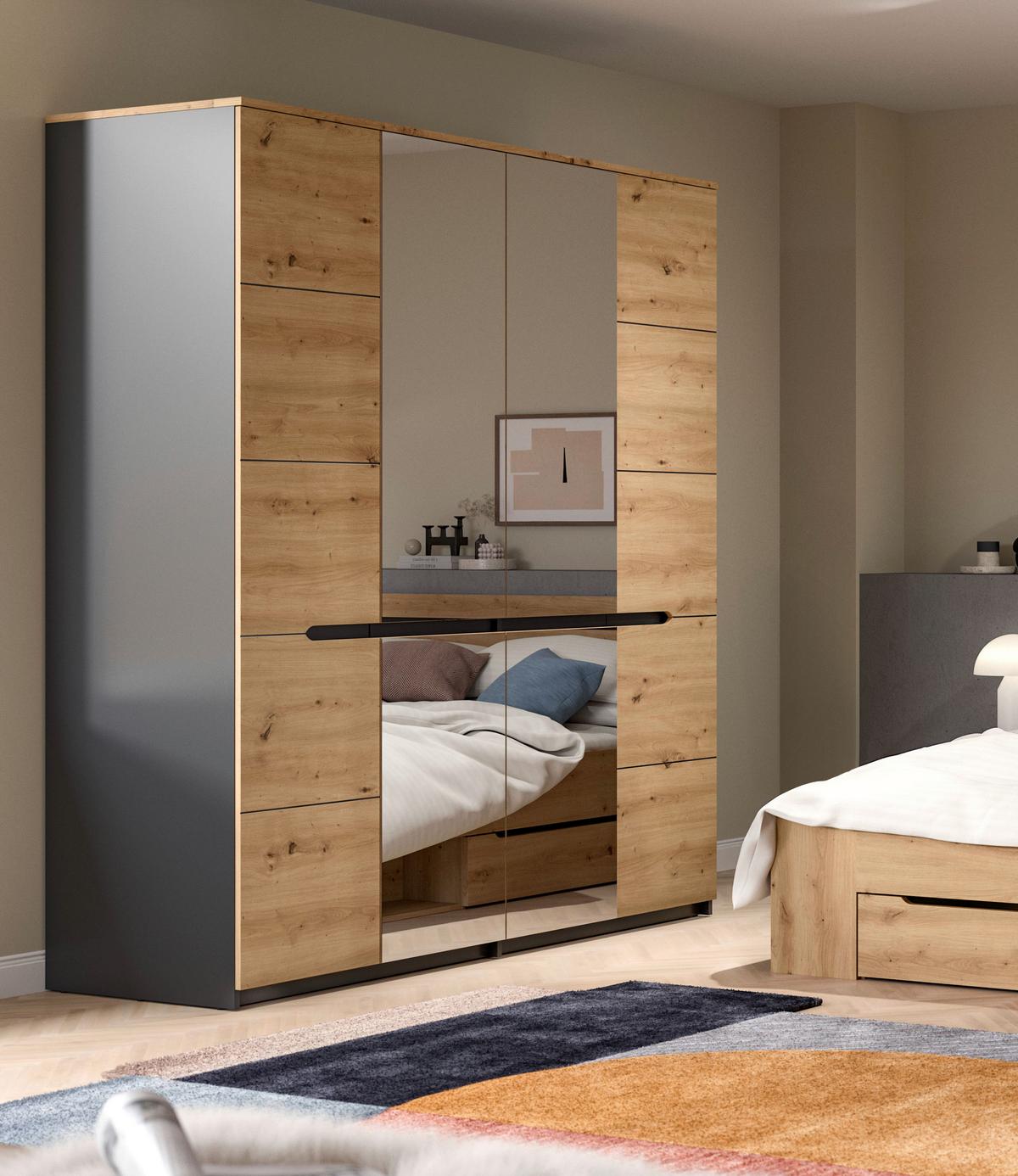 Drehtürenschrank Canu Grau /Eiche Artisan Dekor B: 180cm - Eiche Artisan/Grau, MODERN, Glas/Holzwerkstoff (180/198/59cm) - MID.YOU