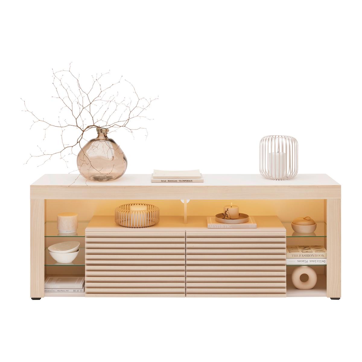 TV komoda GOAL dub Riva /Kašmír - barvy dubu/kašmírová, Moderní, kompozitní dřevo/sklo (179/67/44cm) - Based