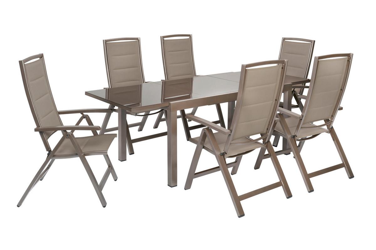 Gartentischgruppe Tinetto 7--Teilig. Aus Aluminium - Taupe/Braun, KONVENTIONELL, Glas/Textil - Gardenson