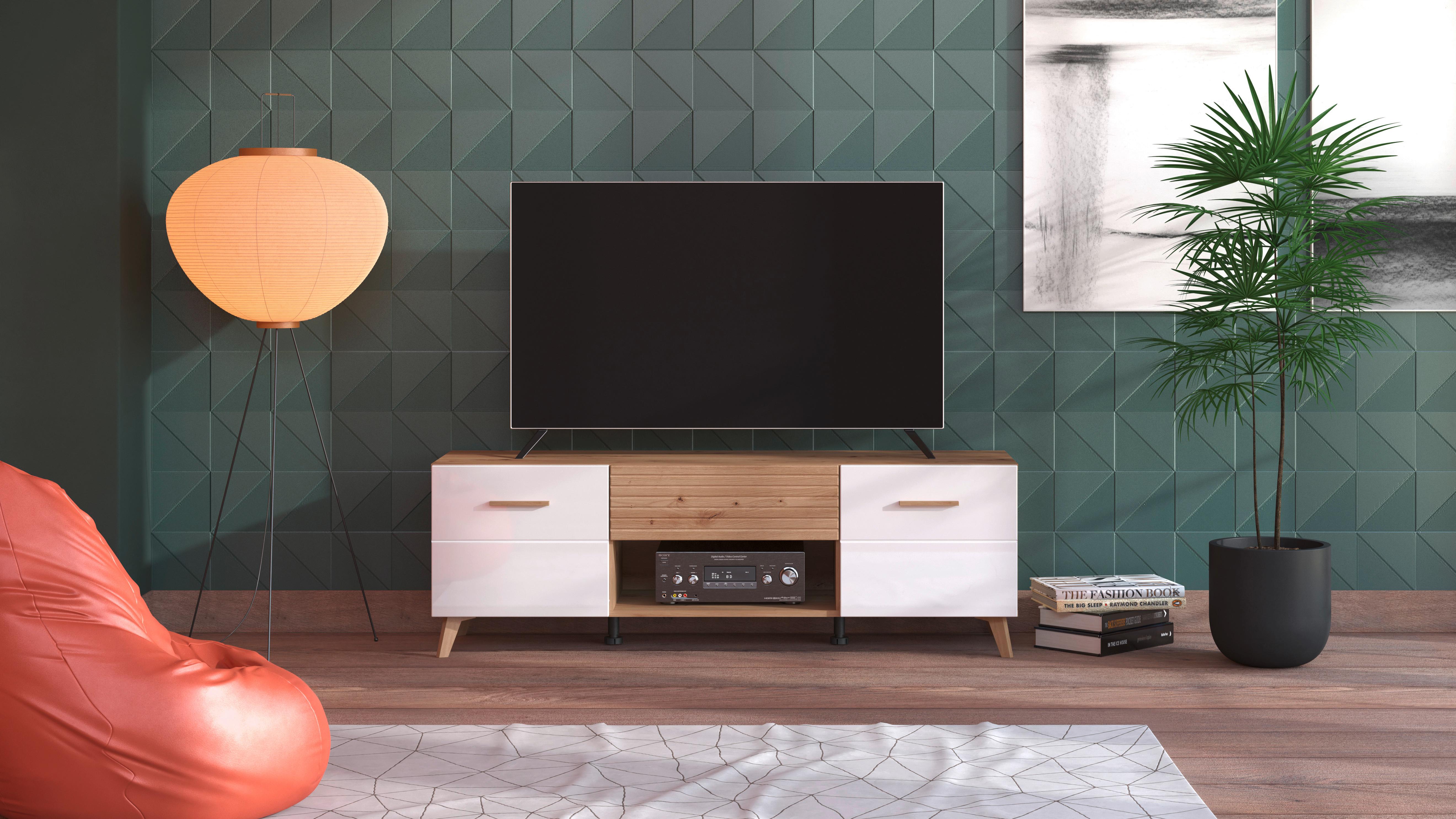 Tv-elem Bretagne - tölgyfa/fehér, Modern, faalapú anyag (147/50/41,5cm) - Best Price